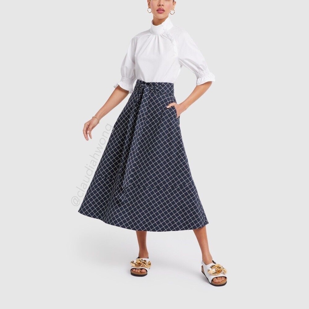 Gwyn Crosson Grid Print Belted Midi Skirt In Navy Ivory